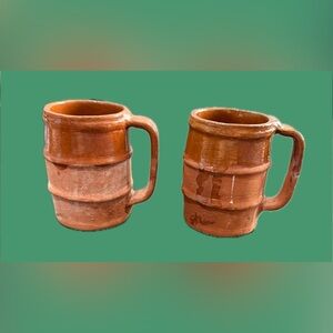 Set Of 2 Large Rustic Mexican Folk Art Red Clay Mugs Cups Tazas De Barro 14oz